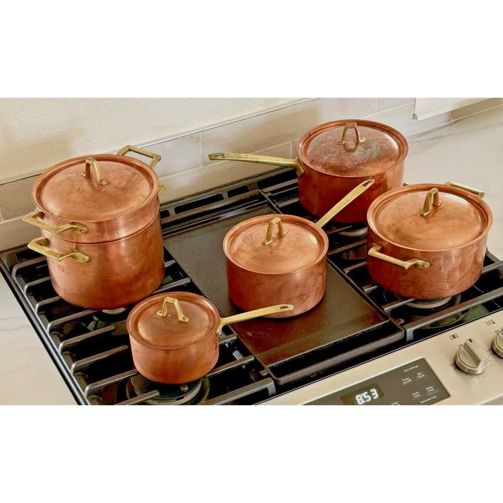 Copper Pans Paul Revere 11 Pc Cookware Set Brass Handles USA Vintage Signed